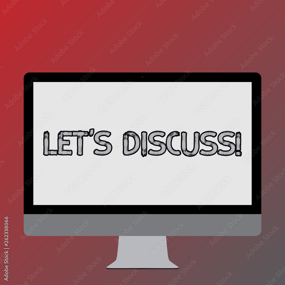Text sign showing Let S Discuss. Business photo text asking someone to talk about something with demonstrating or showing Blank White Computer Monitor WideScreen Mounted on a Stand for Technology Text sign showing Let S Discuss. Business photo text asking someone to talk about something with demonstrating or showing Blank White Computer Monitor WideScreen Mounted on a Stand for Technology
