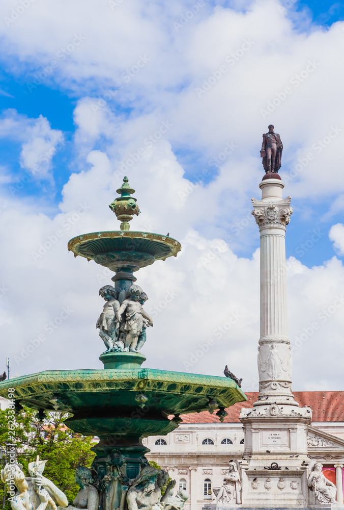 The Dom Pedro IV Monument and fountain, Rossio Square, Lisbon, Portugal