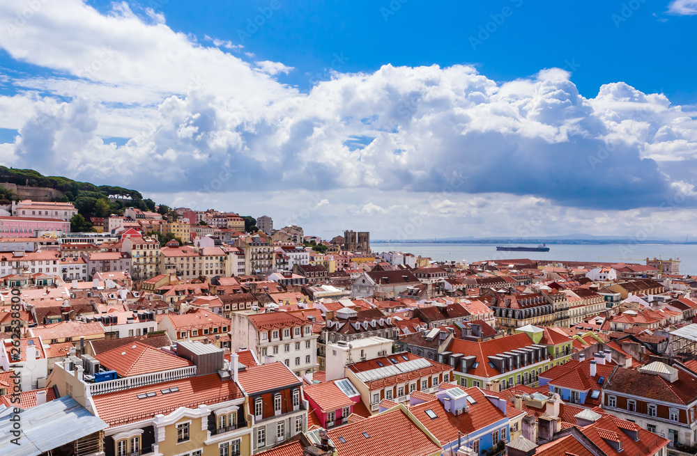 View of Baixa and Alfama from Santa Justa Lift or Carmo Lift, Elevador de Santa Justa, Baixa, Lisbon, Portugal, View of Baixa and Alfama from Santa Justa Lift or Carmo Lift, Elevador de Santa Justa, Baixa, Lisbon, Portugal,