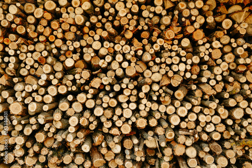 Firewood stacked. Wooden background
