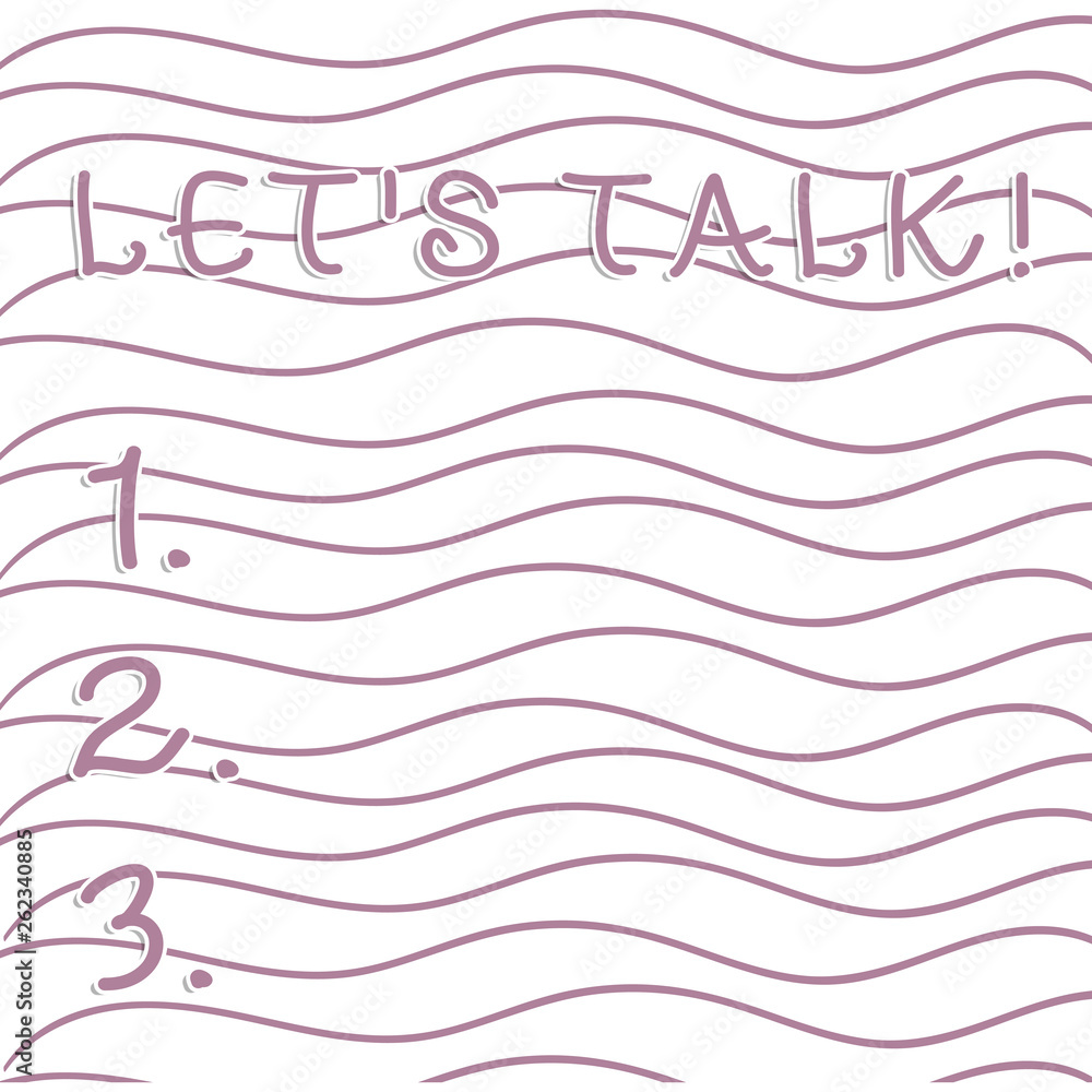Handwriting text writing Let S Talk. Conceptual photo they are suggesting beginning conversation on specific topic Horizontal Repetition of Curvy Violet Lines Print Pattern on White Isolated