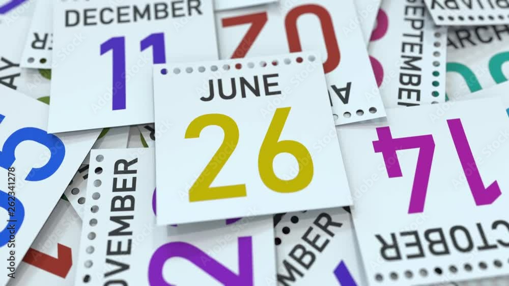 June 26 date on emphasized calendar page, 3D animation June 26 date on emphasized calendar page, 3D animation
