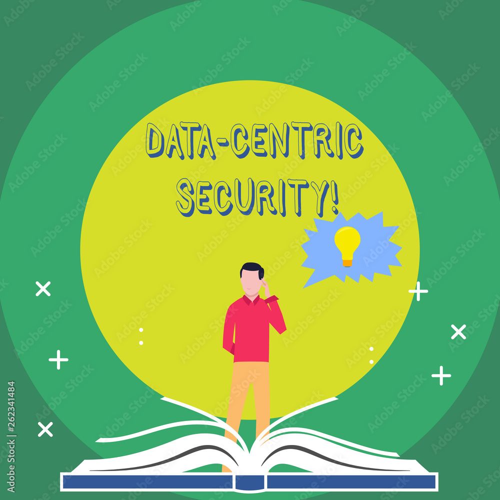Word writing text Data Centric Security. Business photo showcasing Identify and protect data wherever it resides Man Standing Behind Open Book, Hand on Head, Jagged Speech Bubble with Bulb Word writing text Data Centric Security. Business photo showcasing Identify and protect data wherever it resides Man Standing Behind Open Book, Hand on Head, Jagged Speech Bubble with Bulb