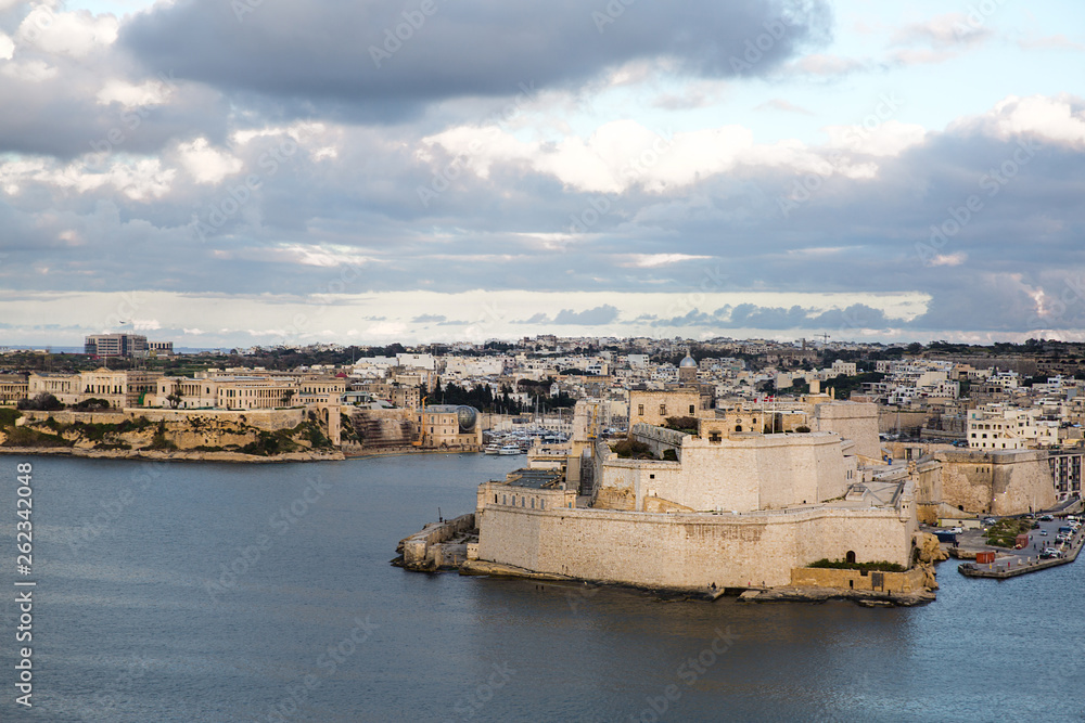 Valletta old town aerial panorama view in sunset. Malta island. 