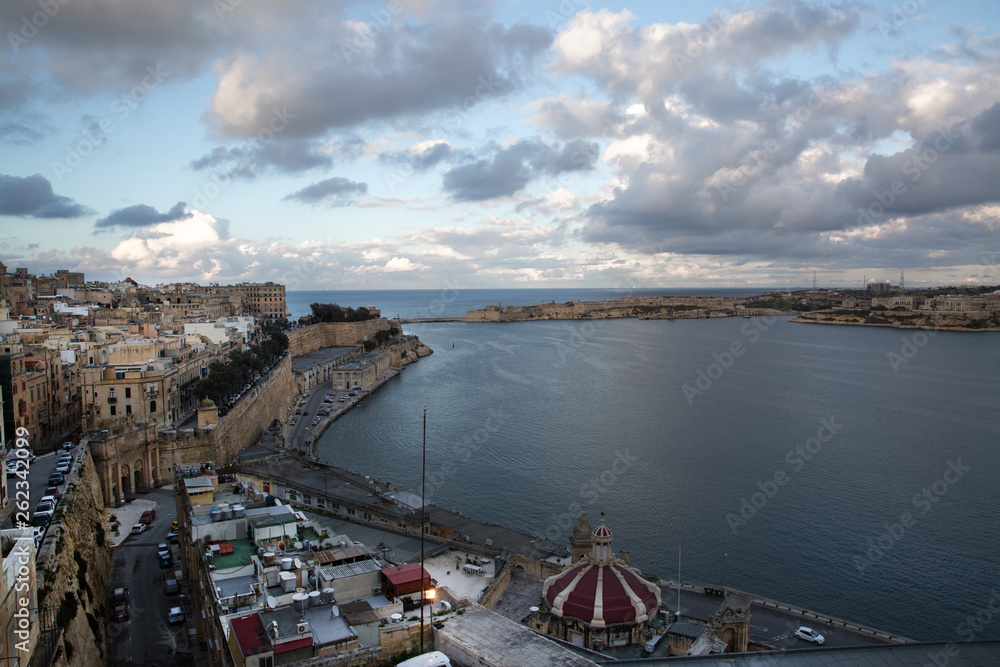 Valletta aerial panorama, coastline of Mediterranean sea and old buildungs. Malta island. 