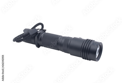 Black tactical flashlight isolated on white background