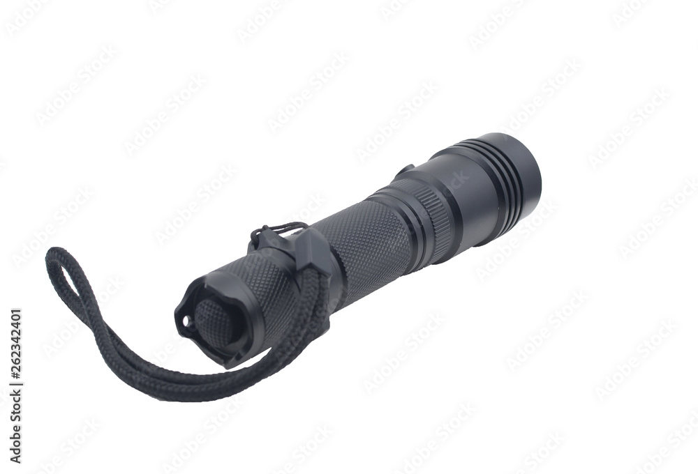 Black tactical flashlight isolated on white background Black tactical flashlight isolated on white background