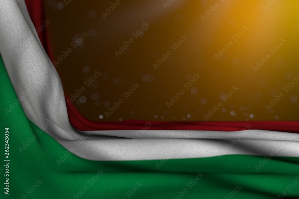 Fototapeta premium beautiful anthem day flag 3d illustration. - dark illustration of Hungary flag lie diagonal on yellow background with selective focus and empty space for text