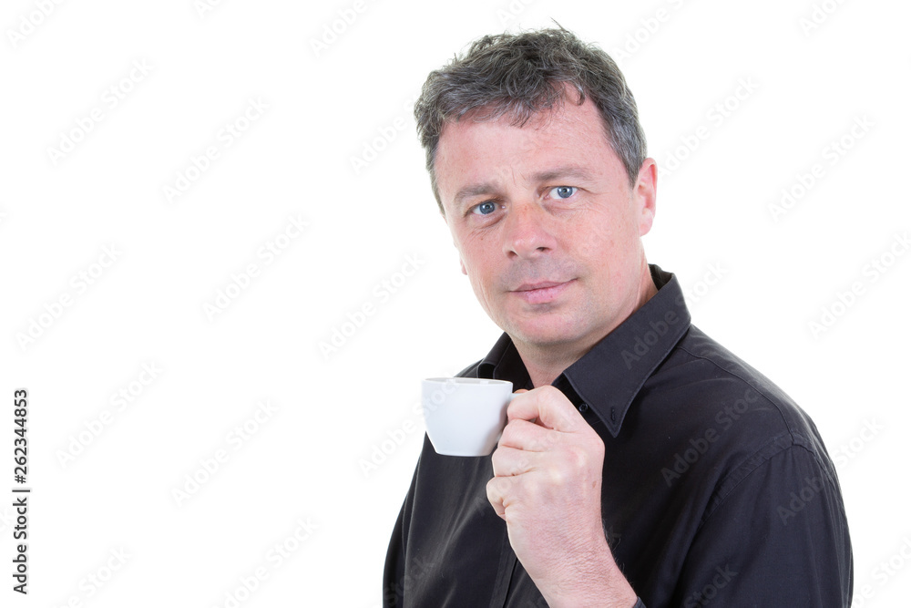 Handsome young man enjoying aroma drinking cup coffee Handsome young man enjoying aroma drinking cup coffee