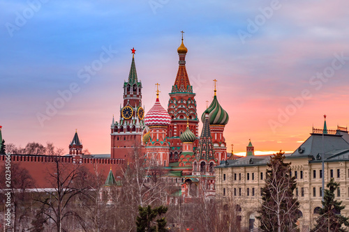 The Moscow Kremlin and St. Basil Cathedral in front of colorful sunset. View from Zaryadye Park