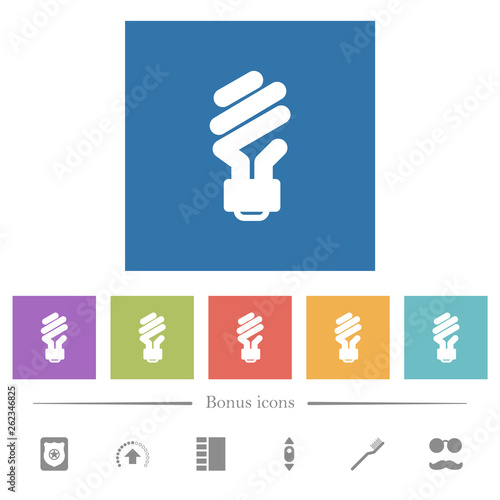 Energy saving fluorescent light bulb flat white icons in square backgrounds