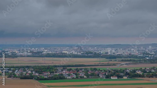 Day to Night panoramic time-lapse video of champagne village and Reims in autumn, France photo