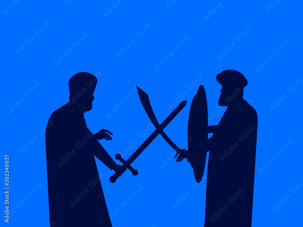 The battle of swords. Silhouette of two men beating on swords. Medieval duel. Vector illustration The battle of swords. Silhouette of two men beating on swords. Medieval duel. Vector illustration