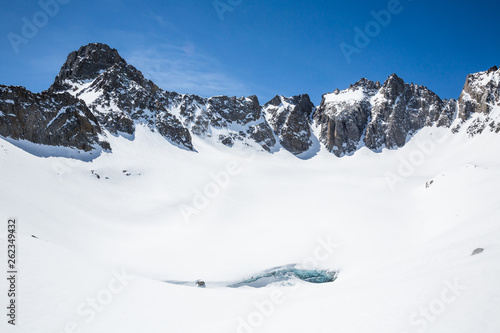 Palisade Glacier in winter. Skyline includes Mt. Sill, Polemonium Peak, and North Palisade Peak