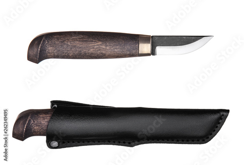 hunting knife with a wooden handle in a leather case isolated on white back