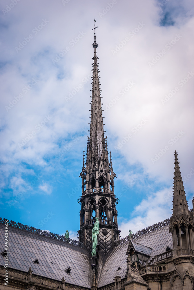  Tower- Architectural details of the catholic cathedral Notre-Dame de Paris. 
