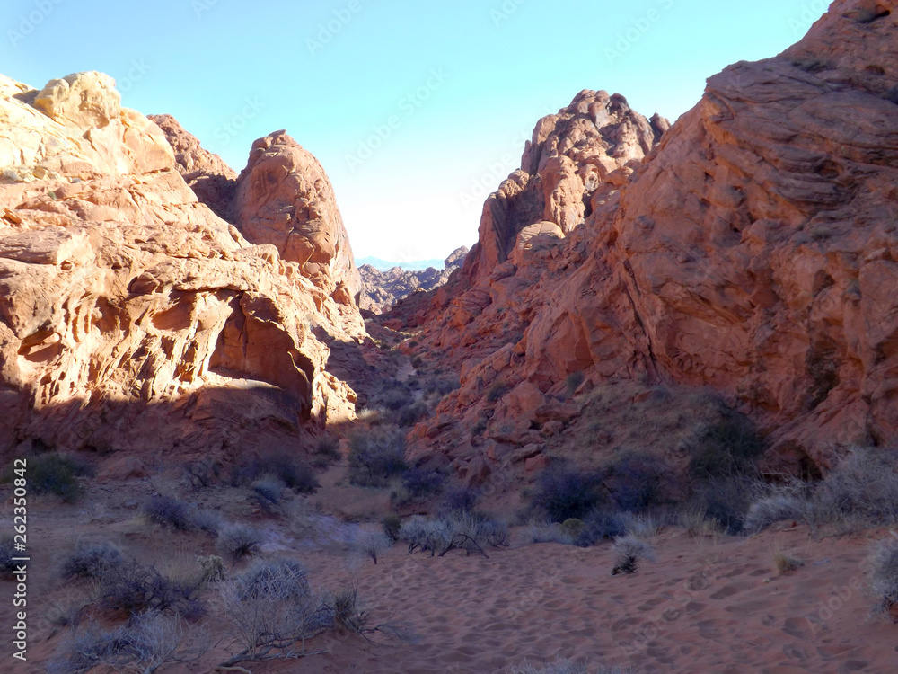 Valley of Fire State Park in Southern Nevada late afternoon under a clear blue sky.