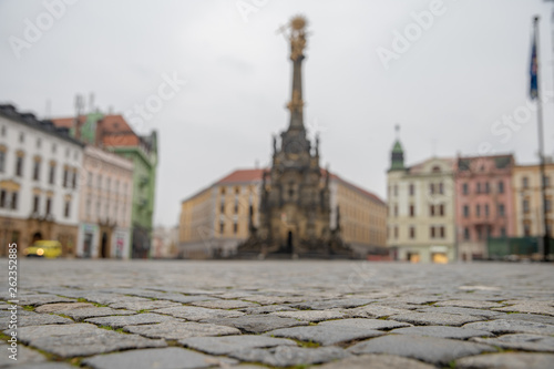 Holy Trinity Column in the main square of the old town of Olomouc, Czech Republic. Old cubes paving