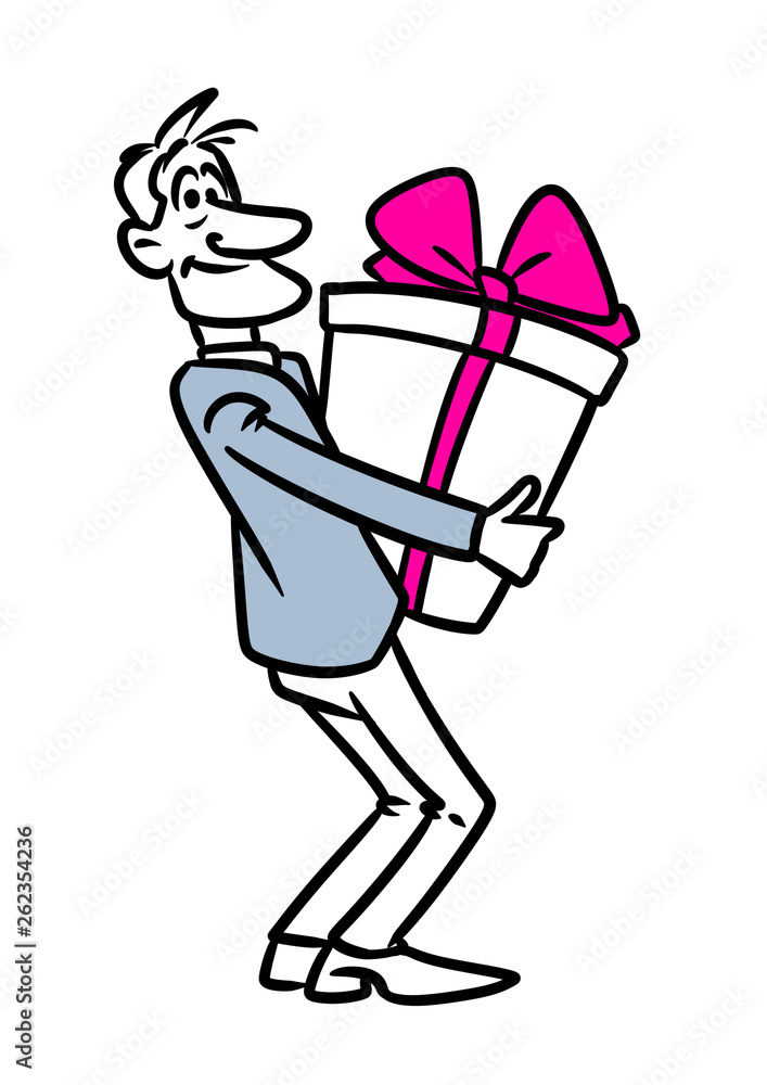Man happiness gives big box bow gift character cartoon illustration isolated image Man happiness gives big box bow gift character cartoon illustration isolated image