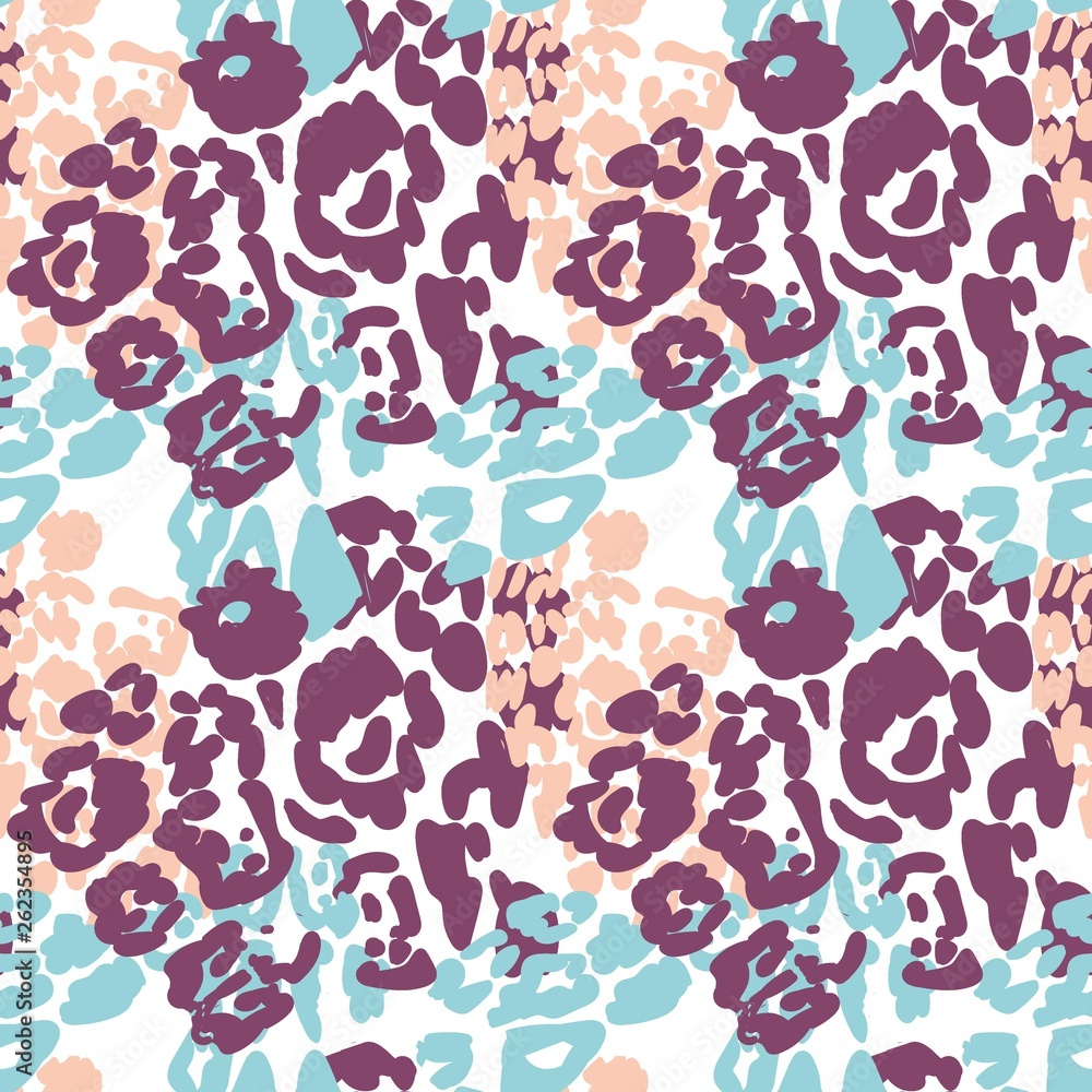 Fototapeta premium Seamless pattern with leopard spots. Animal print, predatory. Bright colors, colorful. Pink Leopard.