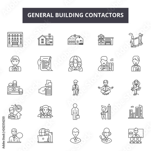 General building contractors line icons, signs set, vector. General building contractors outline concept illustration: building,construction,contractor,general,builder,worker,industry,architecture