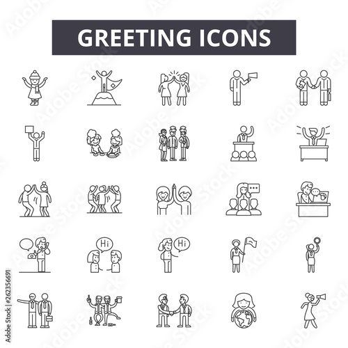 Greeting line icons, signs set, vector. Greeting outline concept illustration: greeting,shake,partnership,handshake,deal