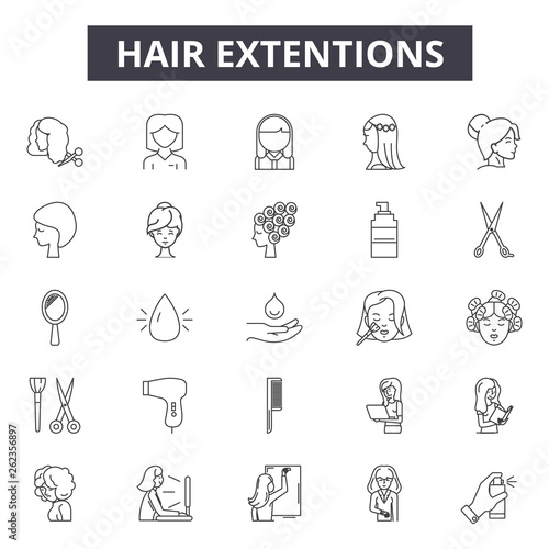 Hair extentions line icons, signs set, vector. Hair extentions outline concept illustration: style,hair,glamour,background,care,fashion,female photo