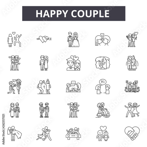 Happy couple line icons, signs set, vector. Happy couple outline concept illustration: happy,couple,man,love,people,woman,girl,detogether