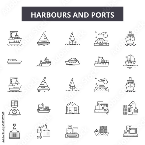 Harbours line icons, signs set, vector. Harbours outline concept illustration: harbour,port,container,business,freight,transportation,ship