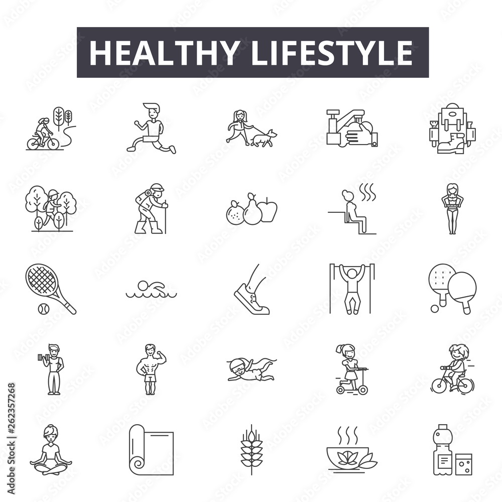 Healthy lifestyle line icons, signs set, vector. Healthy lifestyle outline  concept illustration: fitness,health,food,exercise,diet,sport,lifestyle, healthy,apple Stock Vector
