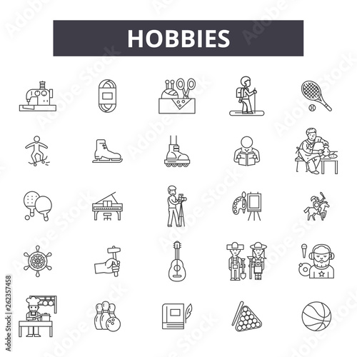 Hobbies line icons, signs set, vector. Hobbies outline concept illustration: hobby,music,game,football,book,cooking