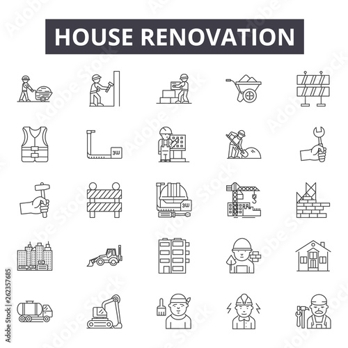 House renovation line icons, signs set, vector. House renovation outline concept illustration: renovation,home,repair,house,building,deconstruction