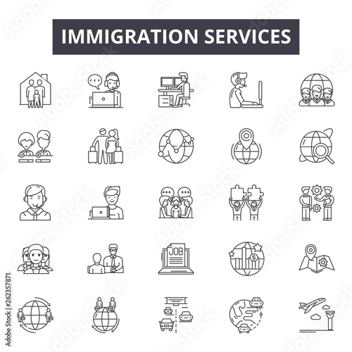 Immigration services line icons, signs set, vector. Immigration services outline concept illustration: immigration,travel,passport,document,international,country