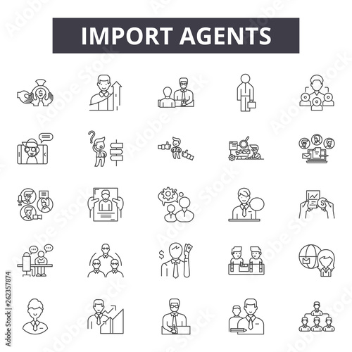 Import agents line icons, signs set, vector. Import agents outline concept illustration: agent,transportation,export,delivery,shipping,cargo,international,container