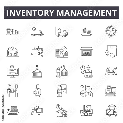 Inventory management line icons, signs set, vector. Inventory management outline concept illustration: inventory,management,warehouse,business,delivery,storage,product