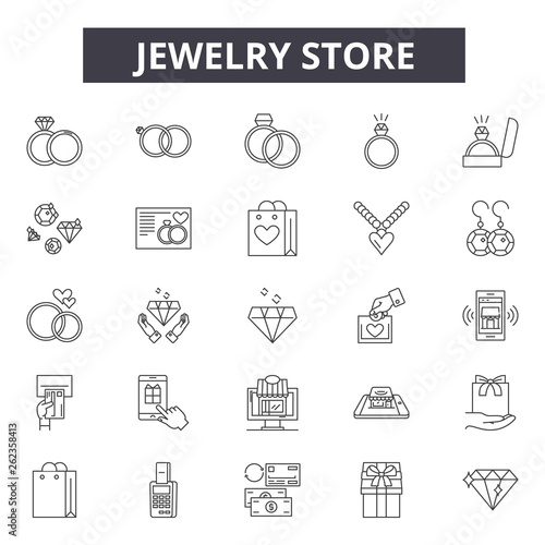 Jewelry store line icons, signs set, vector. Jewelry store outline concept illustration: jewelry,store,shop,fashion,degift
