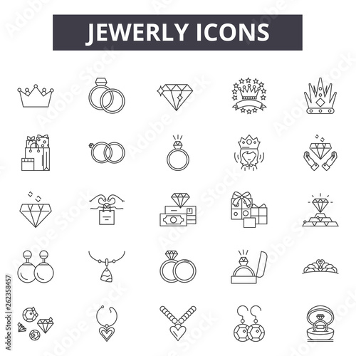 Jewerly line icons, signs set, vector. Jewerly outline concept illustration: diamond,isolated,jewelry,white,jewerly