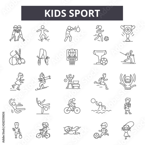 Kids sport line icons, signs set, vector. Kids sport outline concept illustration: sport,kid,activity,football,ball,cartoon,design