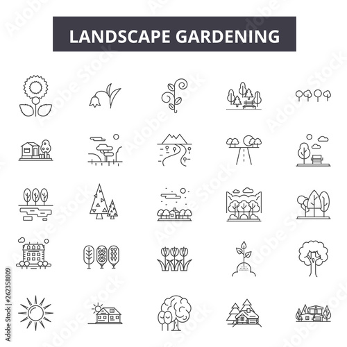 Lanscape gardening line icons, signs set, vector. Lanscape gardening outline concept illustration: deplant,garden,background,tree,landscape,nature