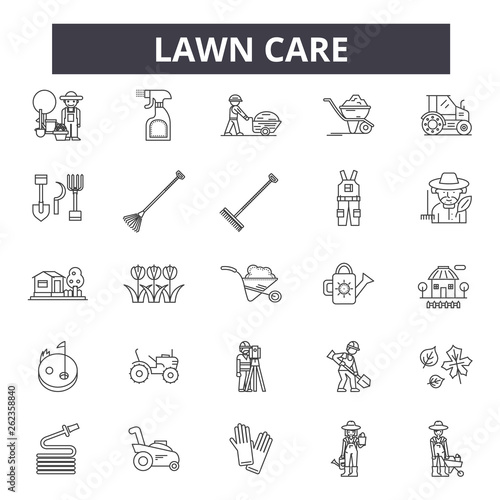 Lawn care line icons, signs set, vector. Lawn care outline concept illustration: care,gardening,lawn,plant,nature,garden,design