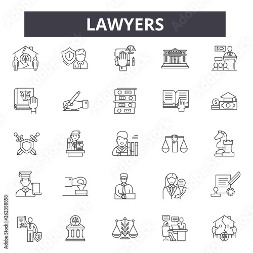 Lawyers line icons, signs set, vector. Lawyers outline concept illustration: lawyer,law,justice,court,judge,legal,gavel