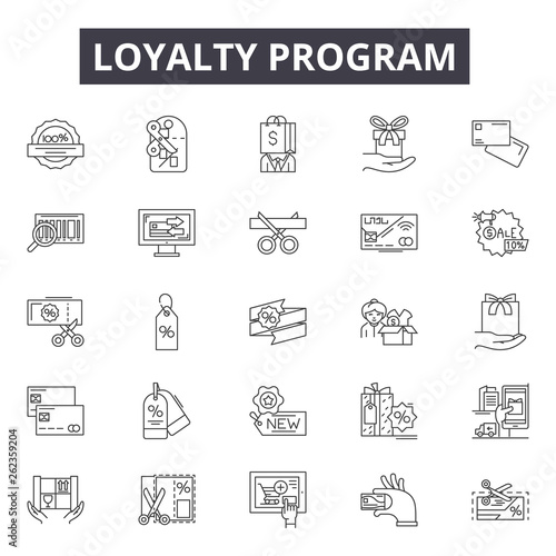 Loyalty program line icons, signs set, vector. Loyalty program outline concept illustration: program,loyalty,reward,bonus,gift,marketing,perks