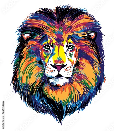 The head of a lion. Multicolored pop art pattern. Bright print.