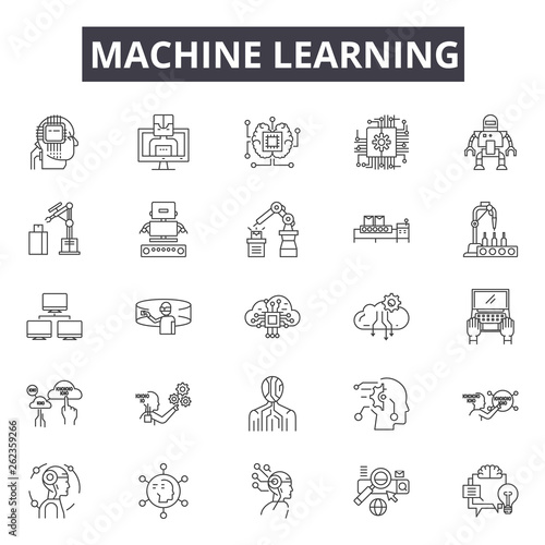 Machine learning system line icons, signs set, vector. Machine learning system outline concept illustration: system,data,technology,machine,intelligence,learning,science,information,business