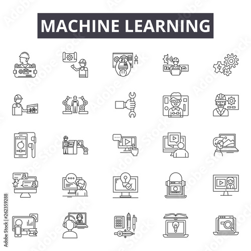 Machine learning line icons, signs set, vector. Machine learning outline concept illustration: learning,intelligence,artificial,science,technology,machine,brain,concept,network