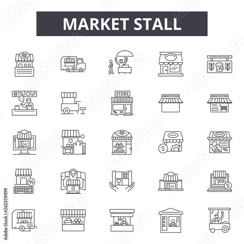 Market stall line icons, signs set, vector. Market stall outline concept illustration: stall,market,store,shop,business,kiosk,food