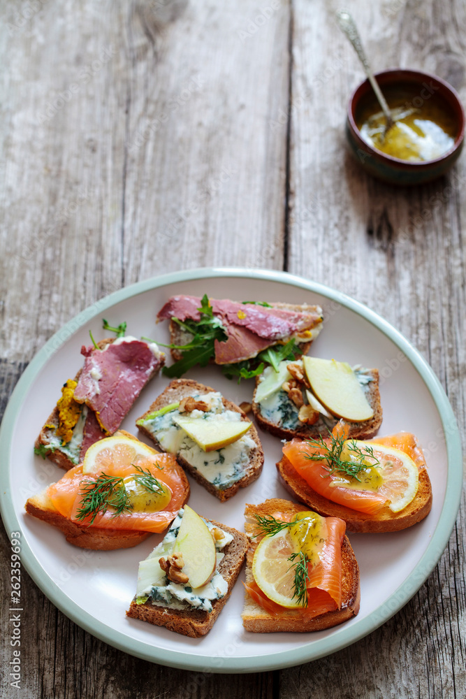Selection of Scandinavian open sandwiches Selection of Scandinavian open sandwiches