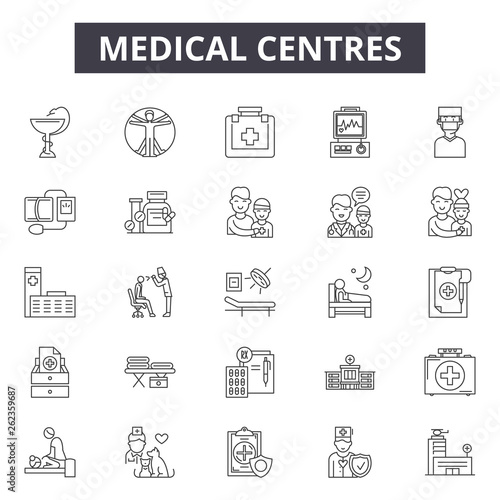 Medical centres line icons, signs set, vector. Medical centres outline concept illustration: hospital,medical,medicine,health,center,clinic,emergency,care