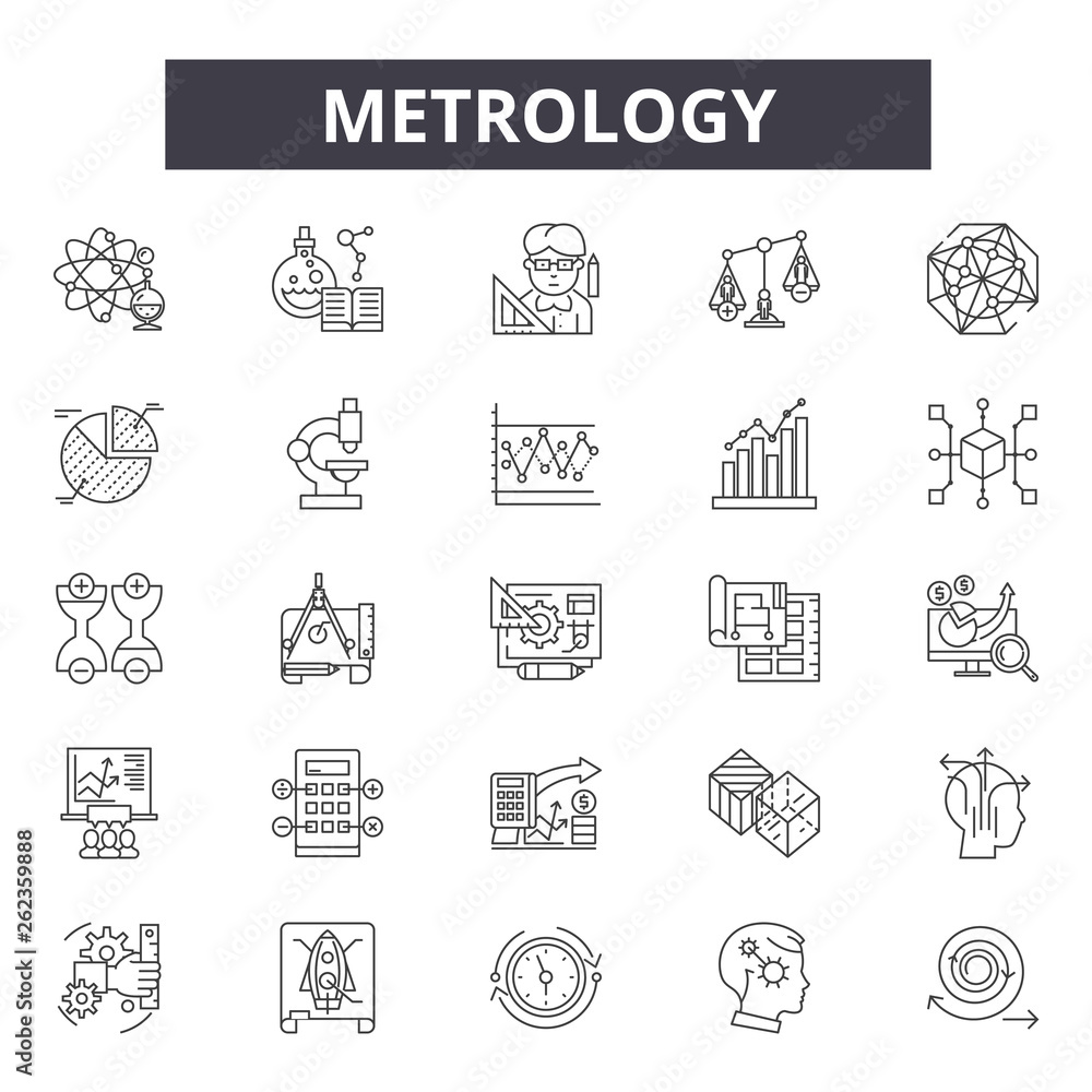 Metrology line icons, signs set, vector. Metrology outline concept illustration: metrology,detechnology,equipment,meter