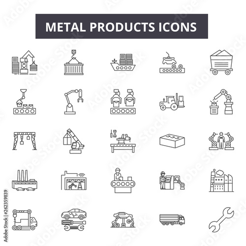 Metal products line icons, signs set, vector. Metal products outline concept illustration: metal,isolated,product,industry,iron,steel